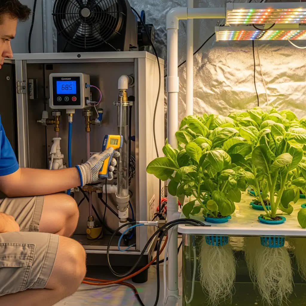 A close-up shot of a person using a digital thermometer to check the temperature on a chiller's display. The chiller is connected to a hydroponic system, and the plants' roots are visible and healthy, emphasizing the chiller's role in preventing root rot.