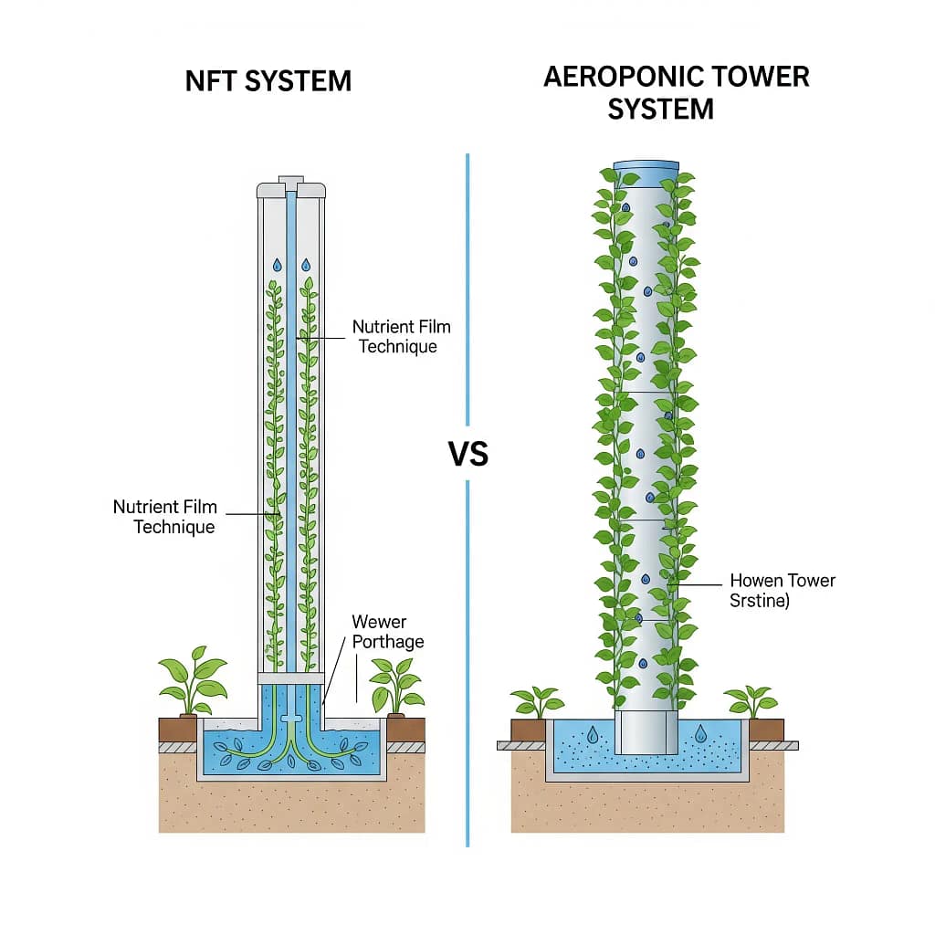 Diagram comparing NFT vs Aeroponic tower systems for vertical farming.