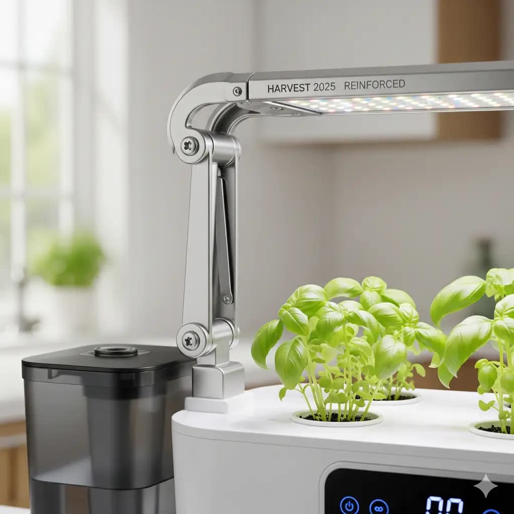 A close-up of an AeroGarden Harvest 2025 model showing the newly reinforced light hinge for improved durability.