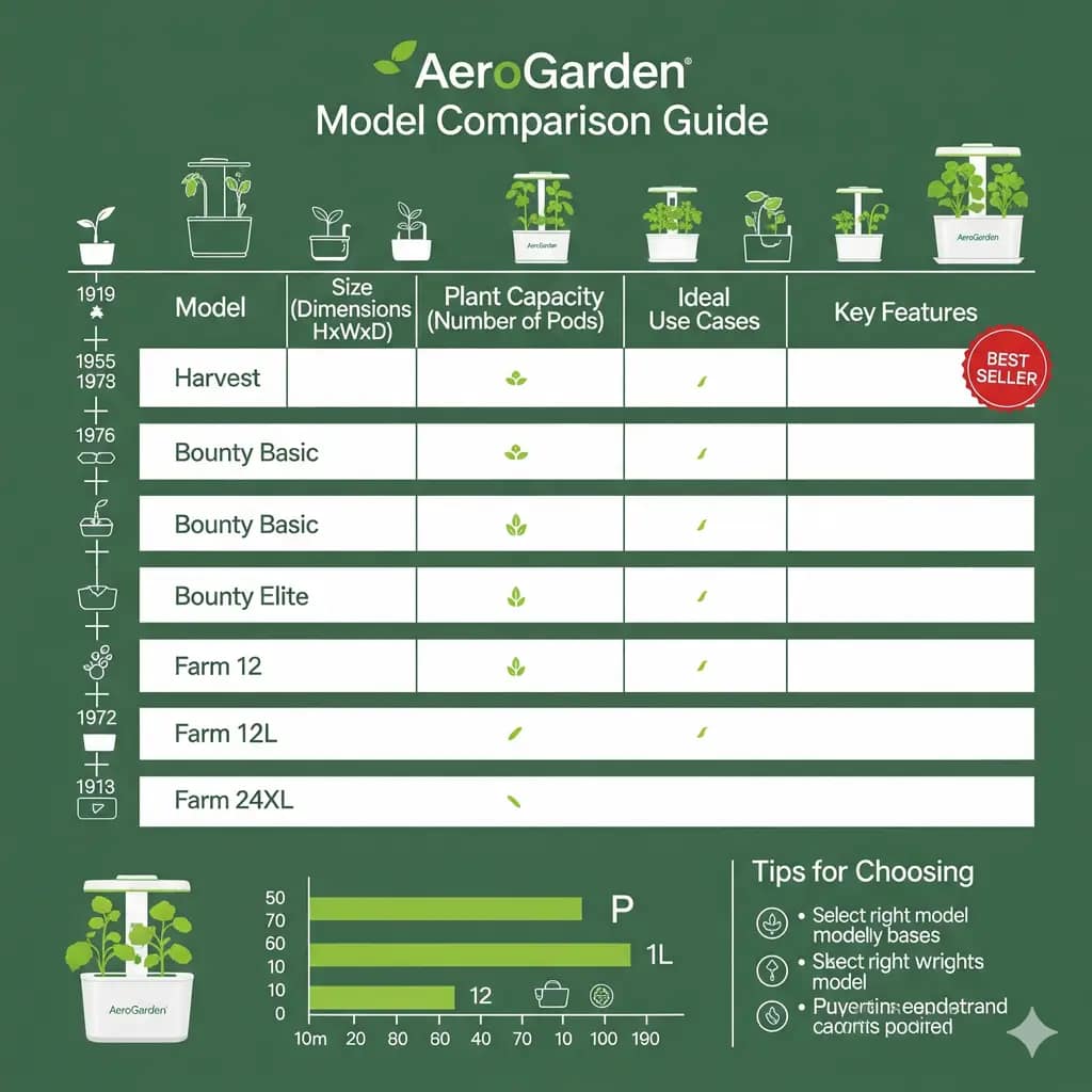 An infographic comparing key features of each AeroGarden model, including size, plant capacity, and ideal use cases.