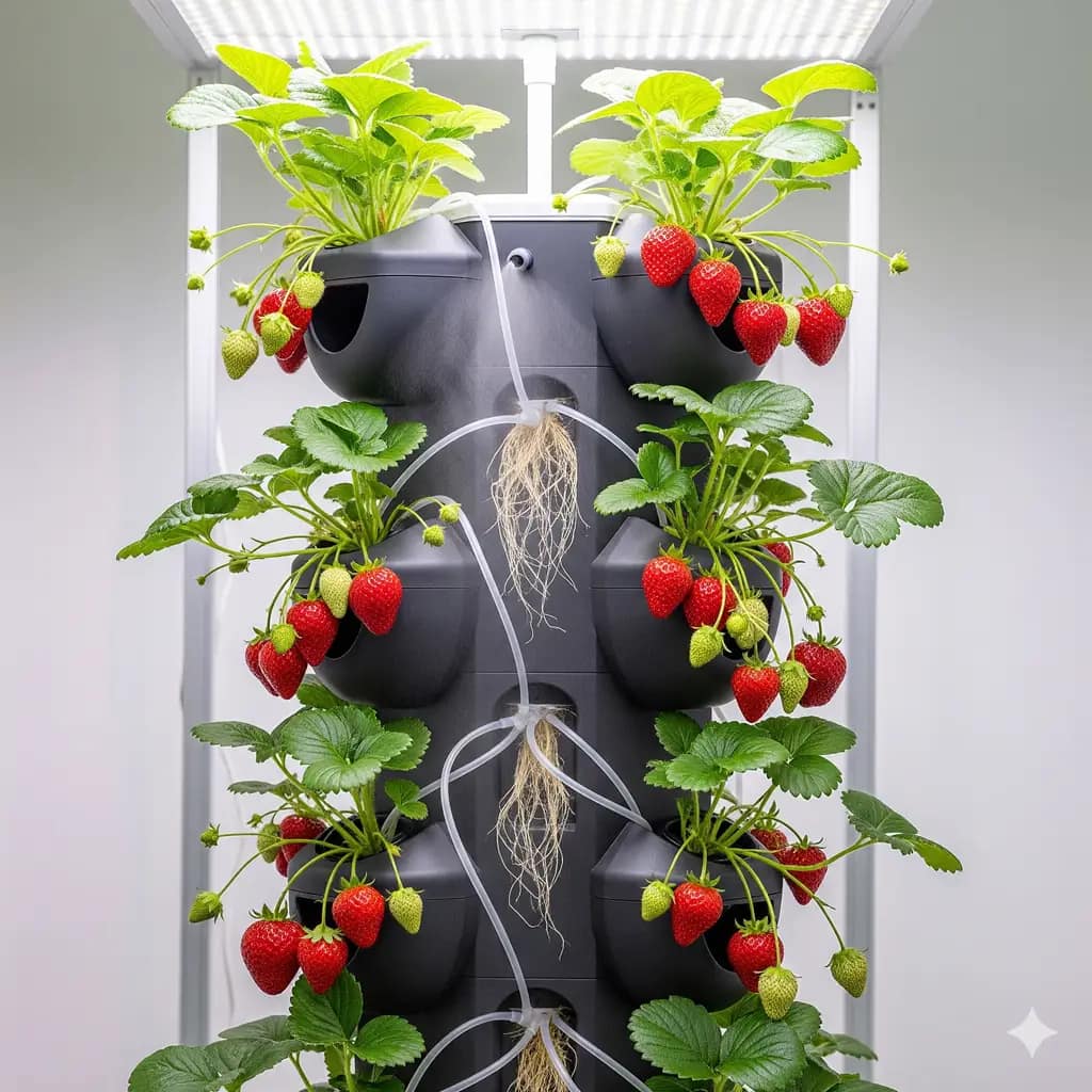  A vertical hydroponic tower garden with strawberries growing in an aeroponic system.