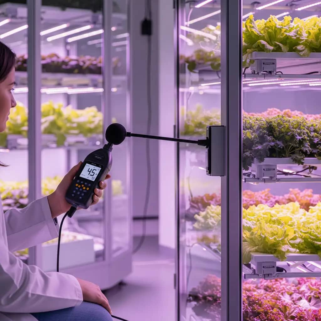 A person holding a decibel meter next to an indoor vertical farming tower to measure its operational noise level.