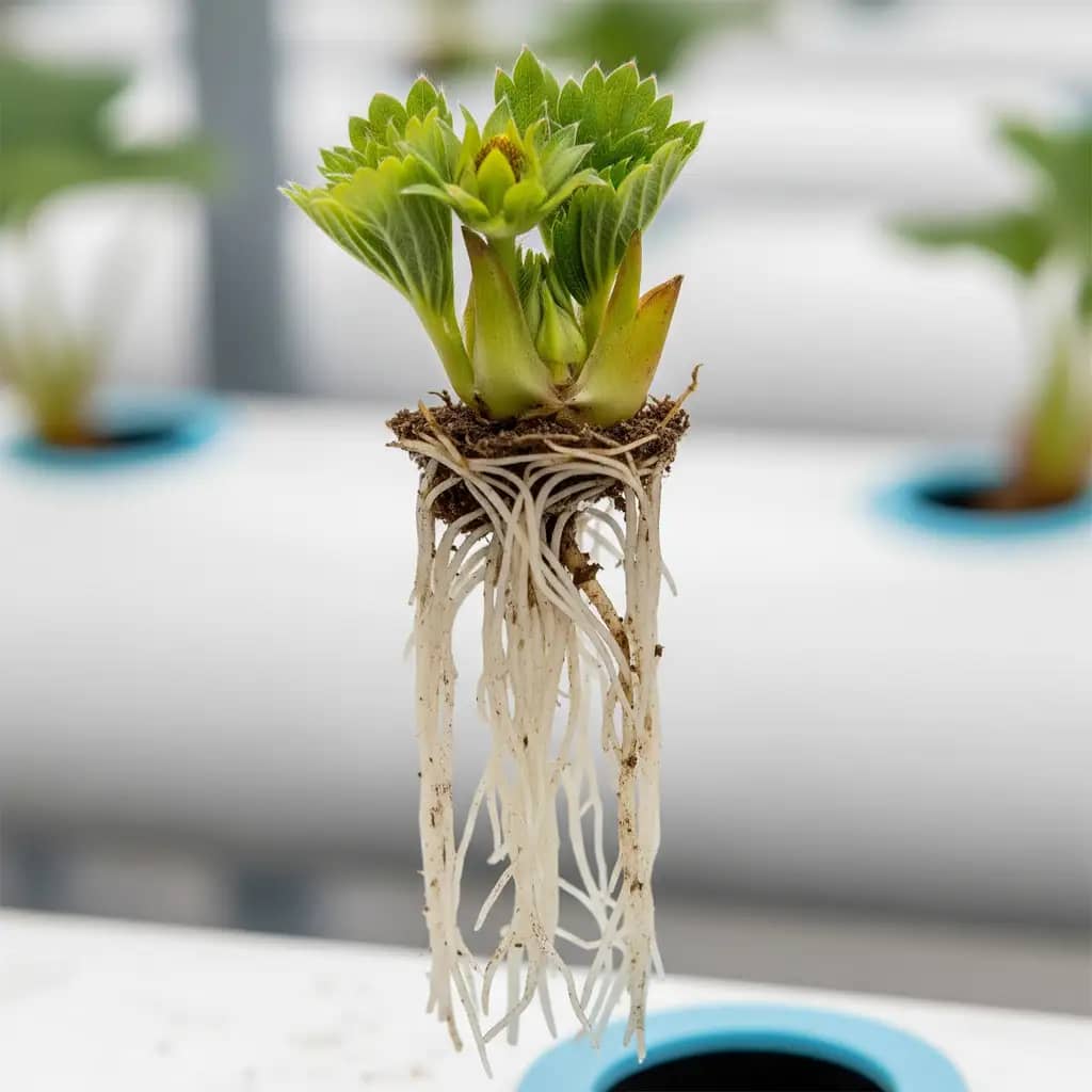 A strawberry bare root crown before planting for hydroponic strawberry harvest.