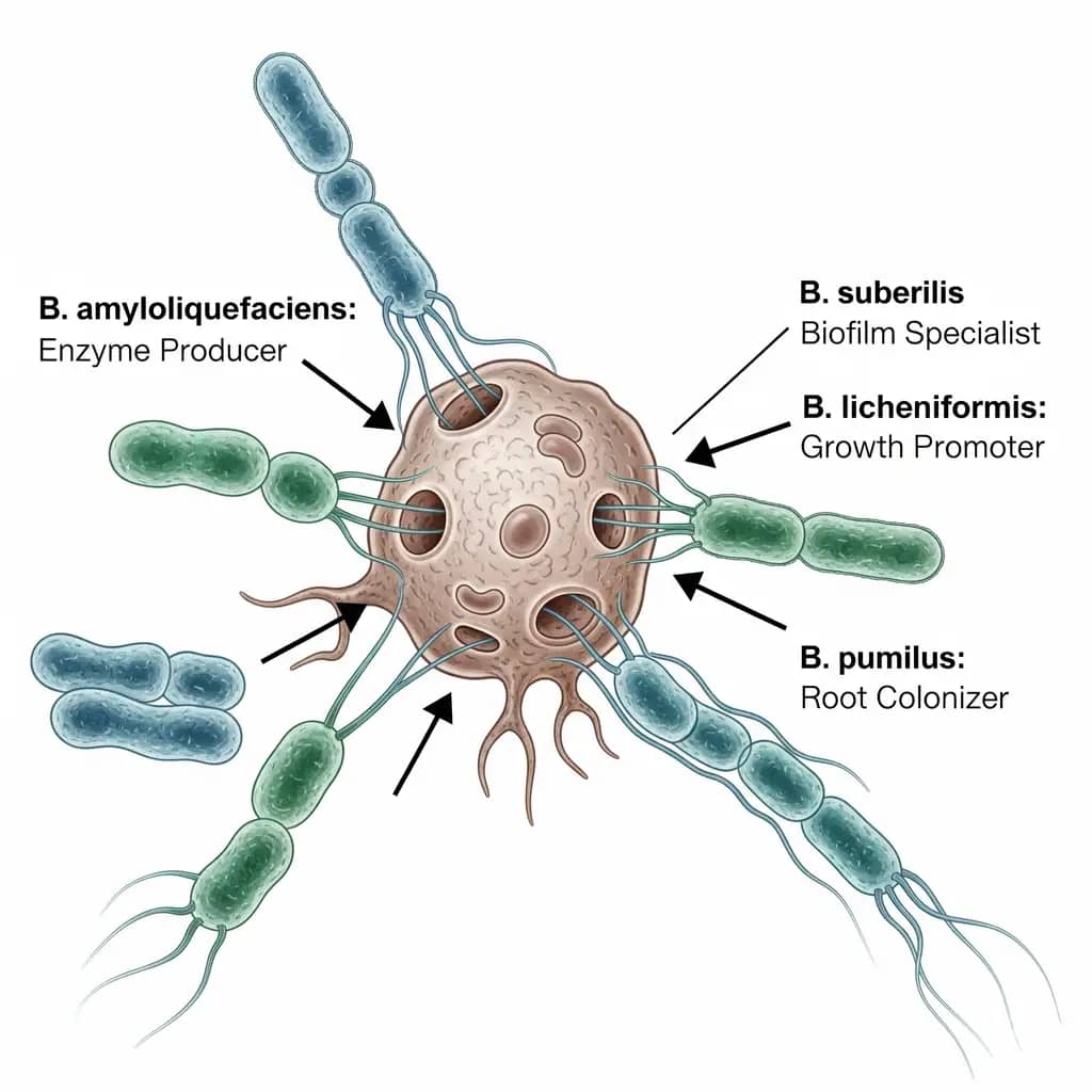  An infographic detailing the tactical functions of different beneficial microbial strains, including Bacillus amyloliquefaciens and B. subtilis, for hydroponic root health.