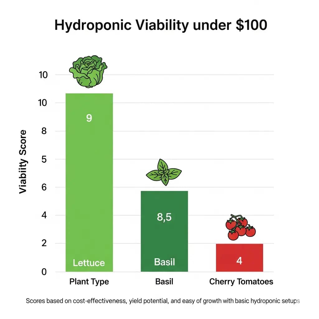 A chart showing the viability of different plant types for a budget hydroponic system under $100, including lettuce, basil, and cherry tomatoes.