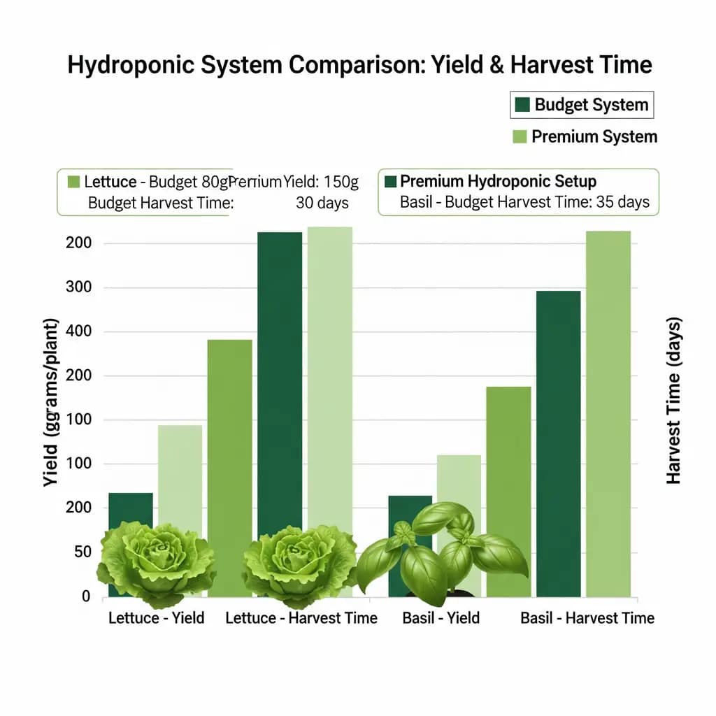 A bar chart comparing the yield and harvest time of a budget hydroponic system versus a premium setup for plants like lettuce and basil.