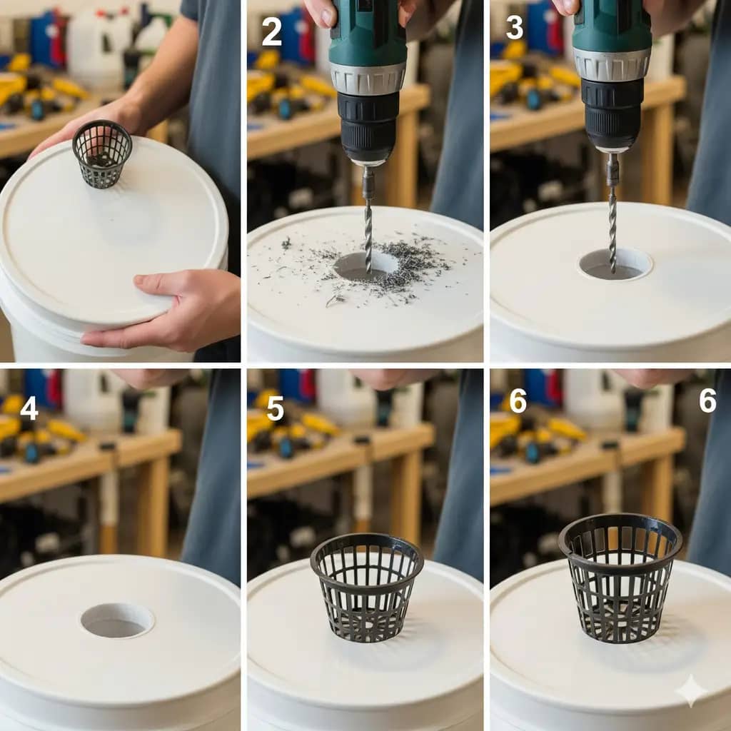 A step-by-step process of drilling a hole in a 5-gallon bucket lid for a net pot to build a DIY DWC hydroponic system.