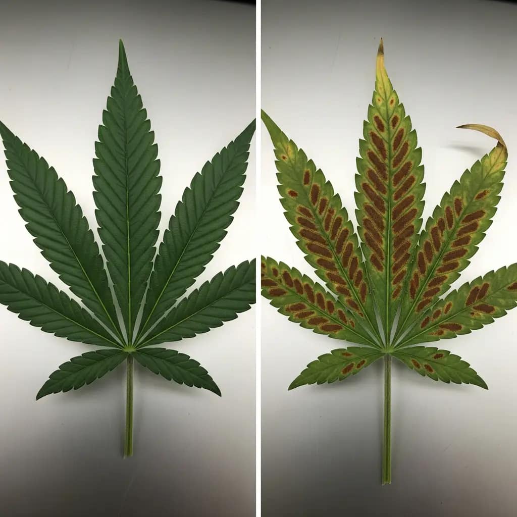 High-resolution close-up of a cannabis leaf with burnt, crispy brown tips, illustrating nutrient deficiencies in hydroponics like nutrient burn.