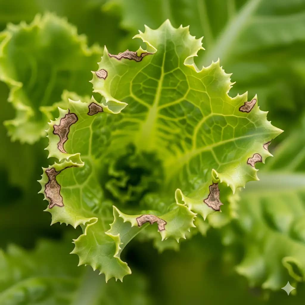 Calcium deficiency in lettuce leaves | Necrotic new growth and distorted tips