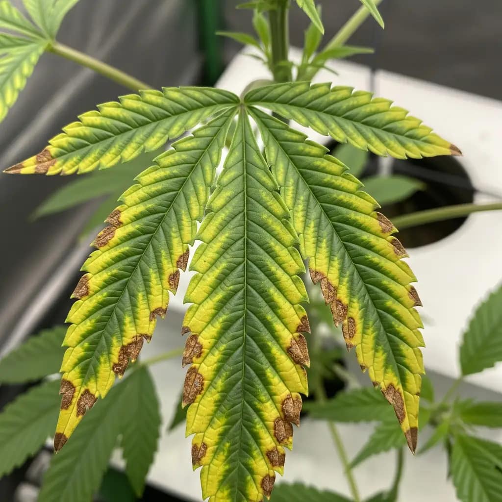 Cannabis leaf with Cal-Mag deficiency symptoms | Hydroponic cannabis nutrients review