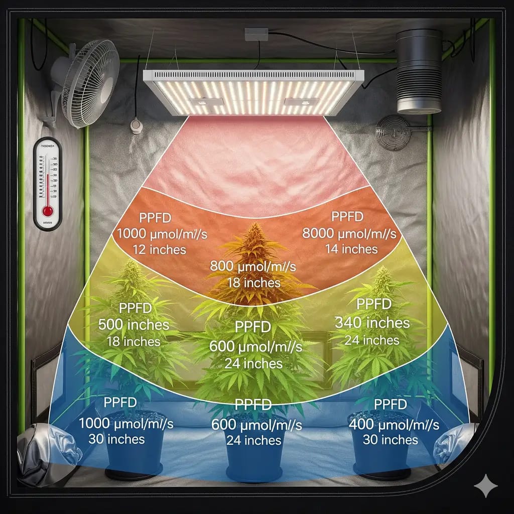 A diagram of a grow tent showing different PPFD (Photosynthetic Photon Flux Density) readings at various distances from a powerful LED grow light.