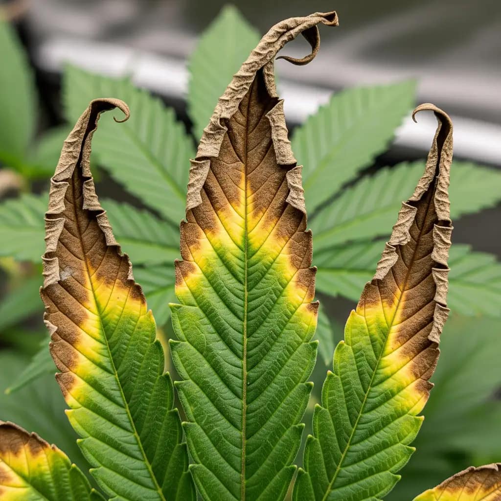 Side-by-side comparison of a healthy cannabis leaf next to one with classic rusty-brown spots from a Cal-Mag deficiency in hydroponics.