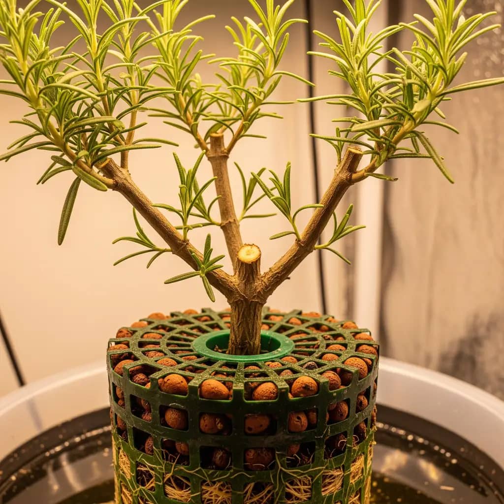 A visual guide on hydroponic cilantro showing a plant with a forming flower stalk and the correct point to prune.