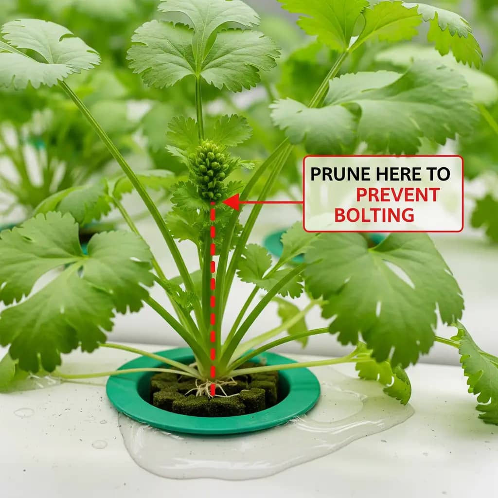 A comparison photo of healthy, vibrant hydroponic cilantro next to a plant with yellow, curling leaves due to improper pH.