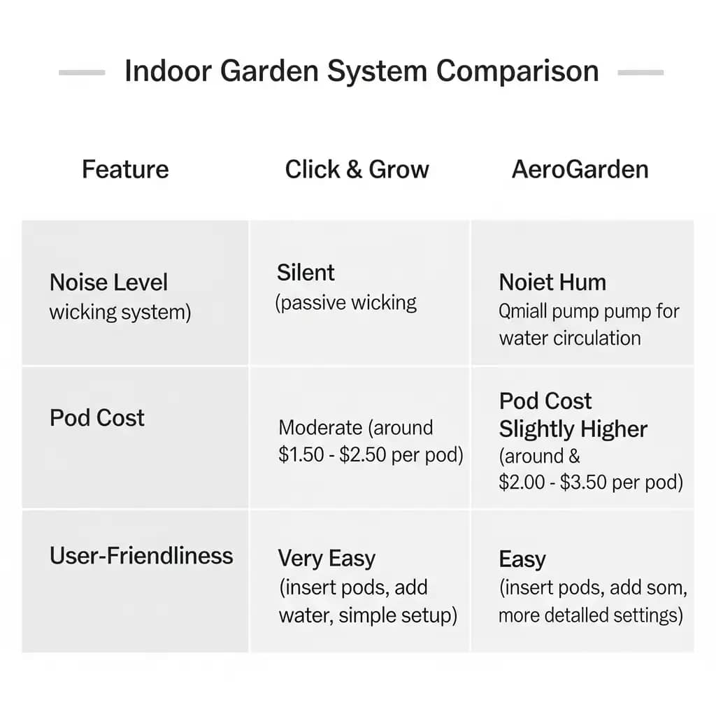  A comparison chart detailing the differences between Click & Grow and AeroGarden systems in terms of noise, pod cost, and user-friendliness.