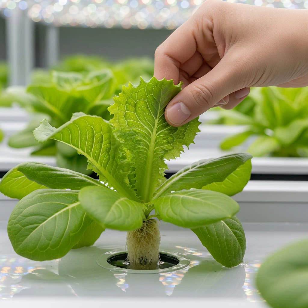 A hand harvesting the outer leaves of a hydroponic lettuce plant, leaving the inner leaves to continue growing.