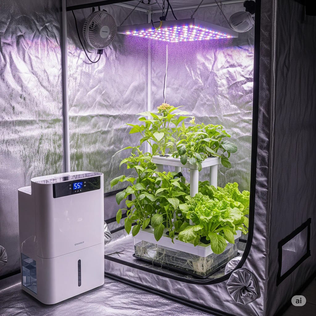 A dehumidifier operating inside a small hydroponic grow tent to prevent mold and mildew.