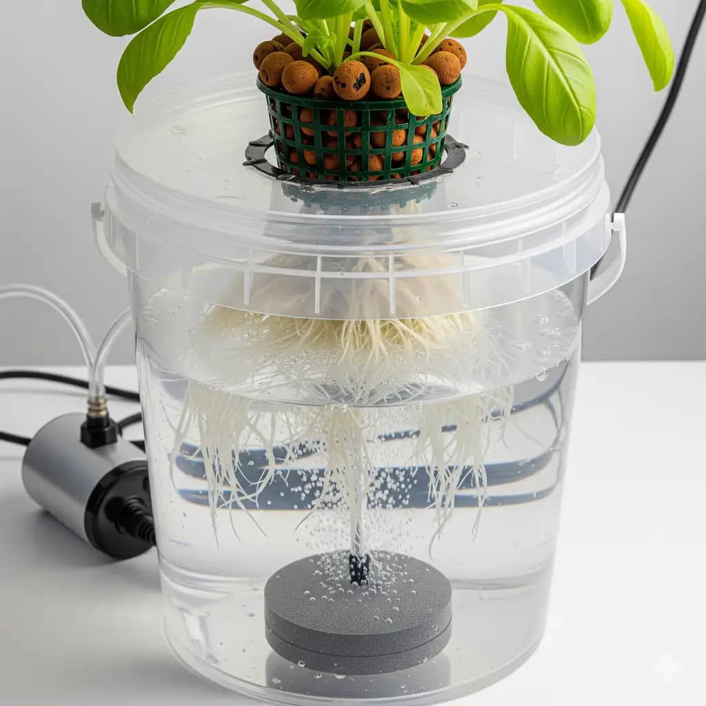 A simple, do-it-yourself Deep Water Culture (DWC) hydroponic bucket system with healthy, aerated roots.