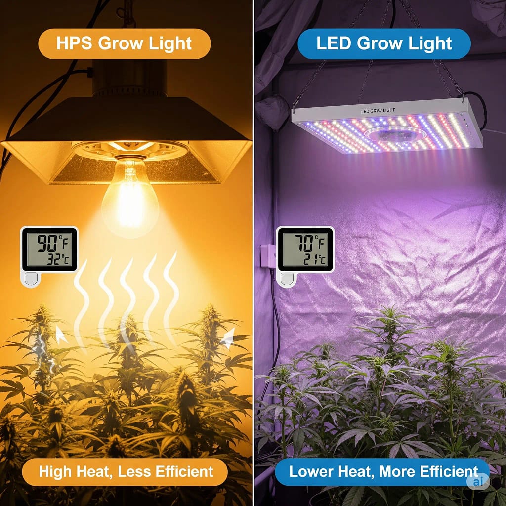  A side-by-side comparison of a traditional HPS grow light and a modern LED grow light, highlighting the difference in heat and efficiency.
