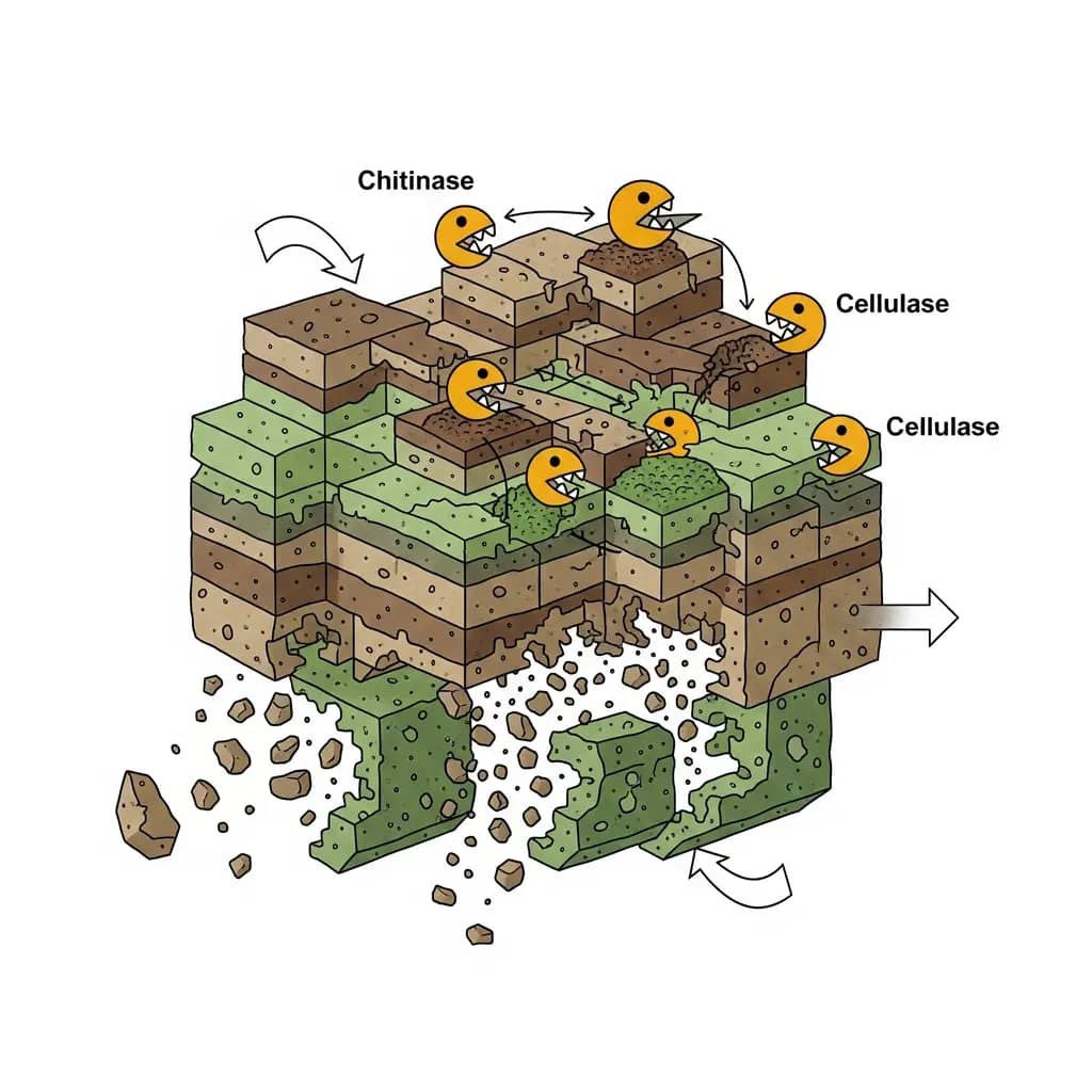  A visual representation of how enzymes like chitinase and cellulase break down the protective matrix of a hydroponic biofilm, preventing clogs.