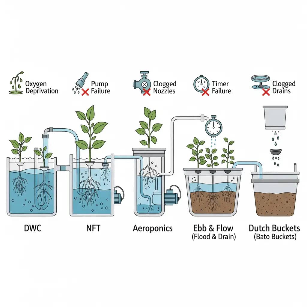 A schematic diagram comparing five different hydroponic systems and their specific vulnerabilities to root rot, including DWC and NFT.