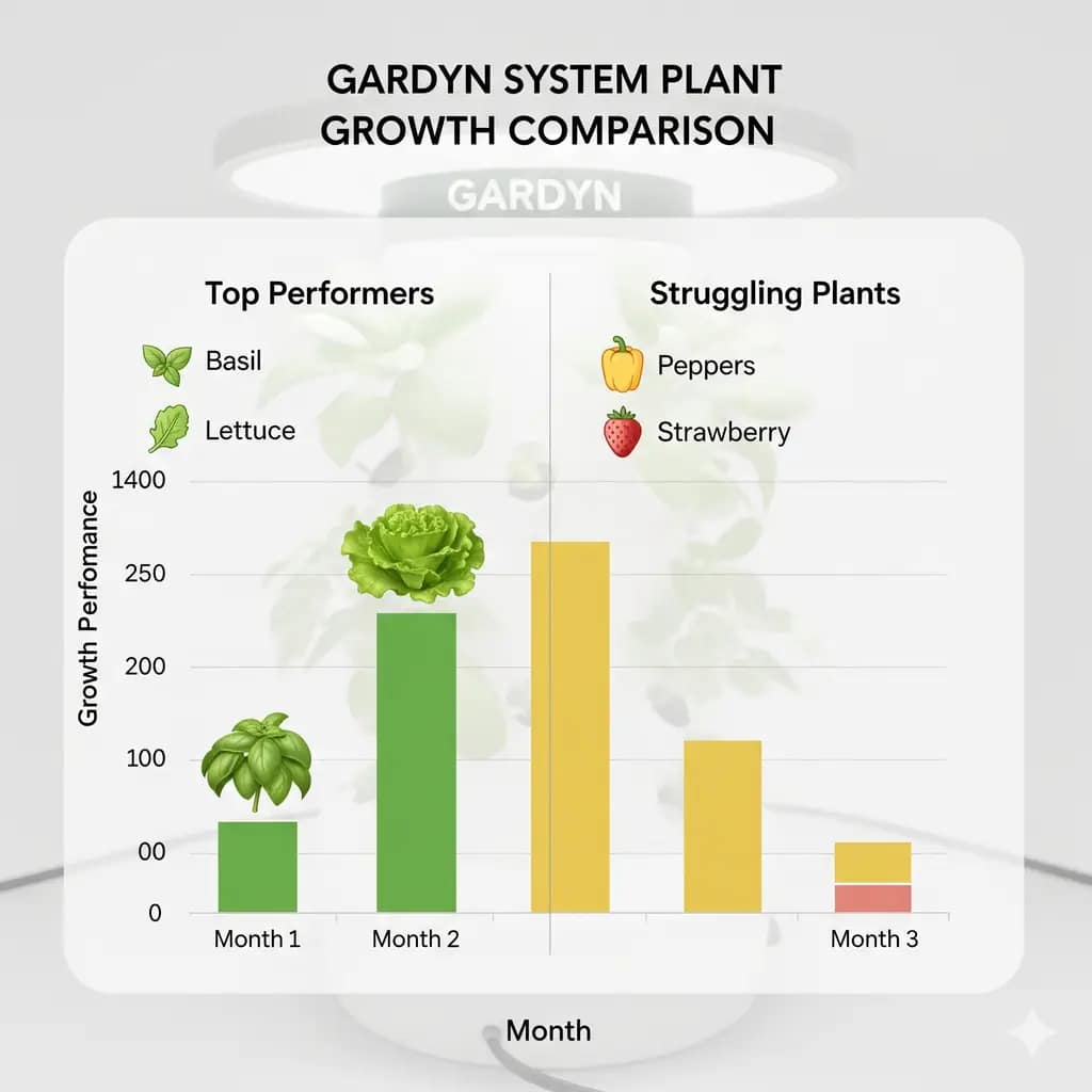 A chart comparing the growth performance of top-performing plants like basil and lettuce with struggling plants like peppers and strawberries in a Gardyn system.