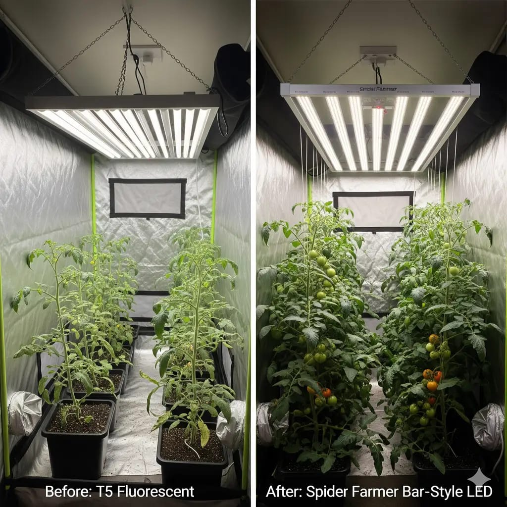 A visual comparison of plant growth and yield after a grow light upgrade from a T5 fluorescent to a Spider Farmer bar-style LED.