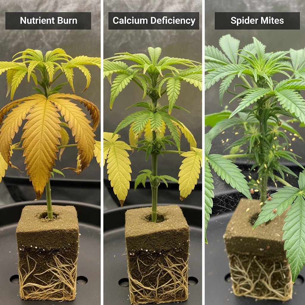 A three-panel comparison image showing examples of nutrient burn, calcium deficiency, and spider mites on a hydroponic cannabis plant.