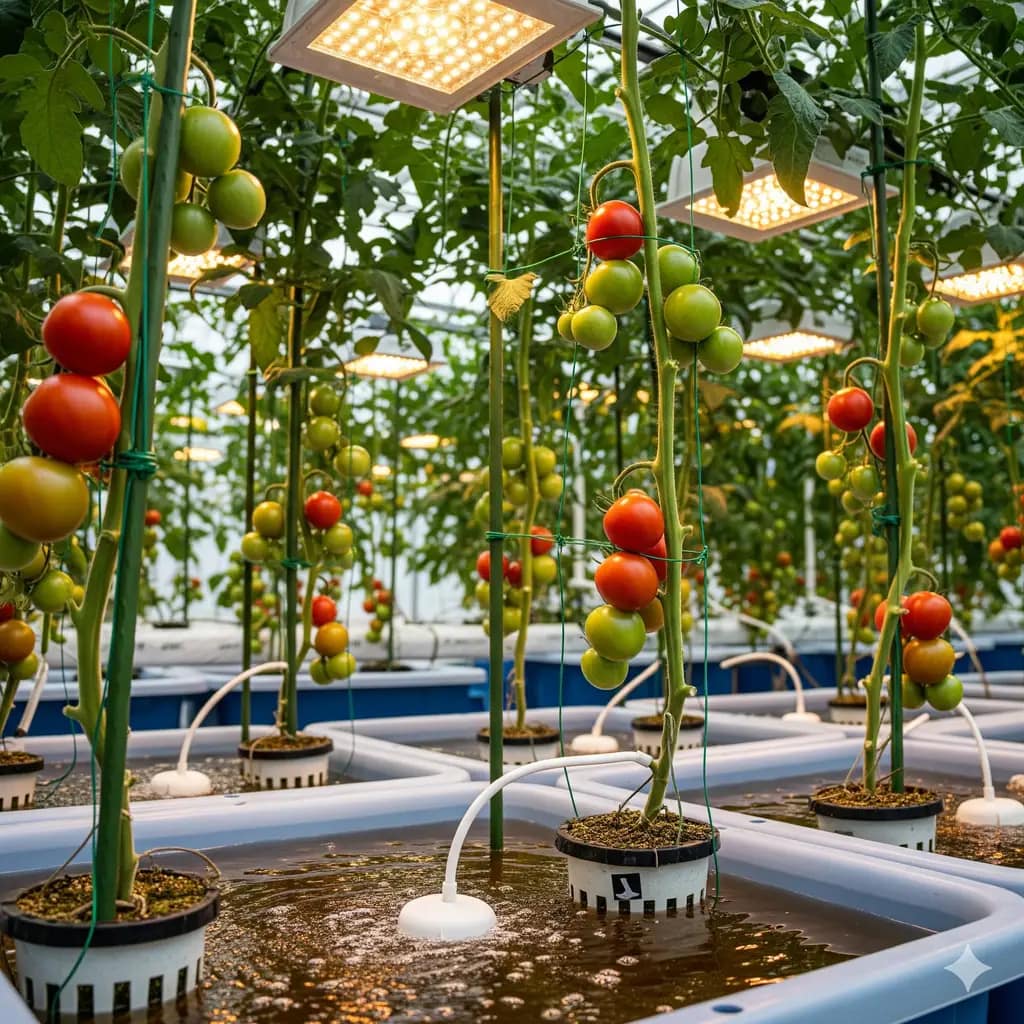 A photo of healthy tomato plants growing in deep water culture systems, with trellising for support.
