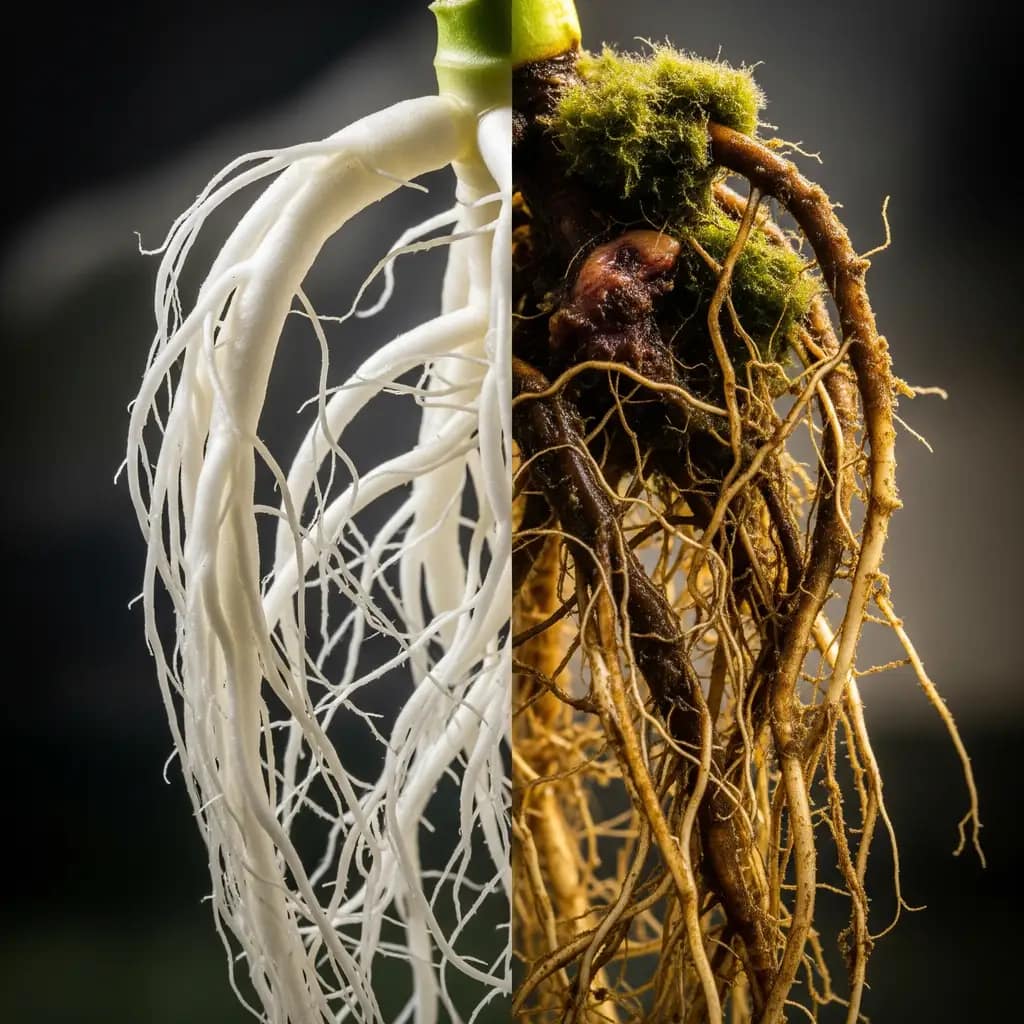 Dramatic split image comparing healthy white hydroponic roots with brown, slimy roots indicative of cannabis root rot prevention in hydroponics.