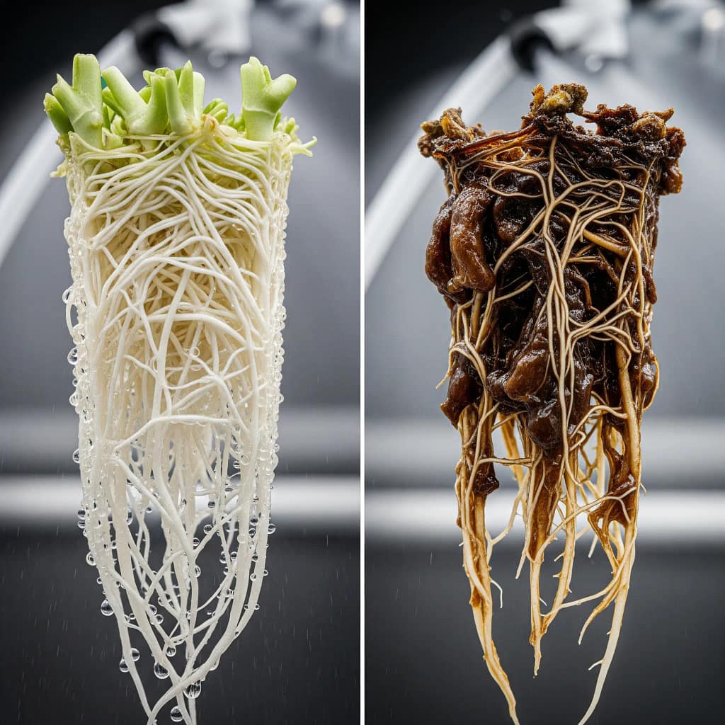 Healthy aeroponic roots vs. root rot