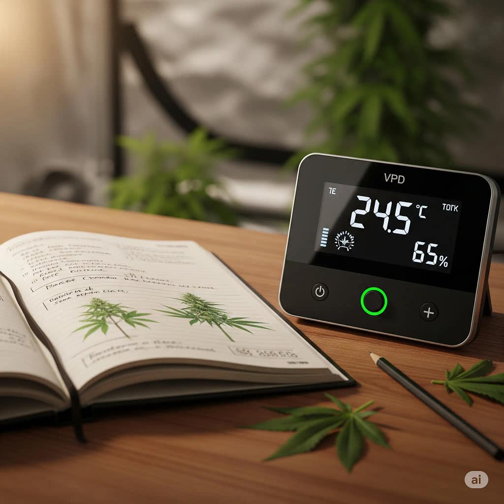 A grow journal open next to a VPD controller displaying temperature and humidity readings.