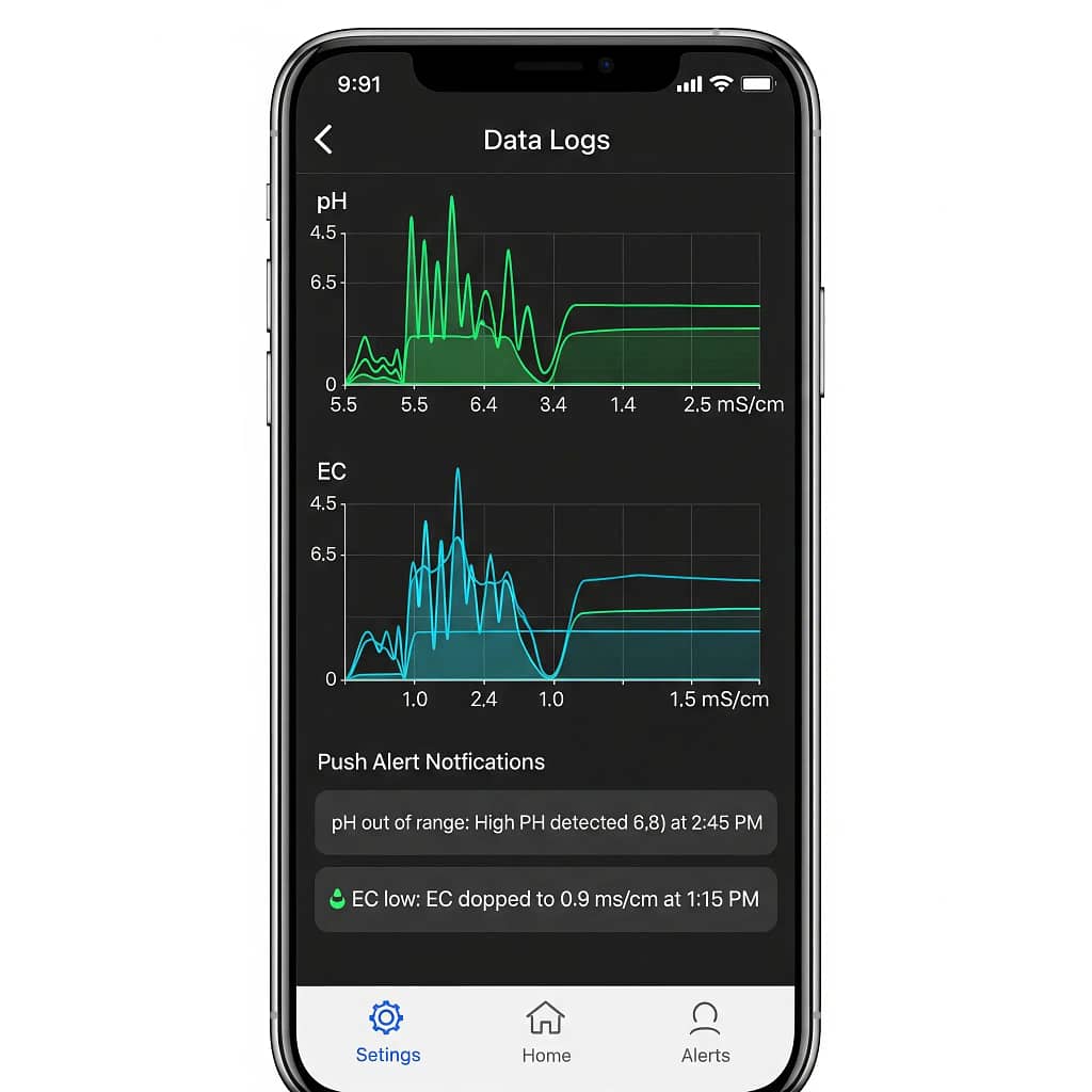 A screenshot of a hydroponic controller app displaying pH and EC data logs with push alert notifications.