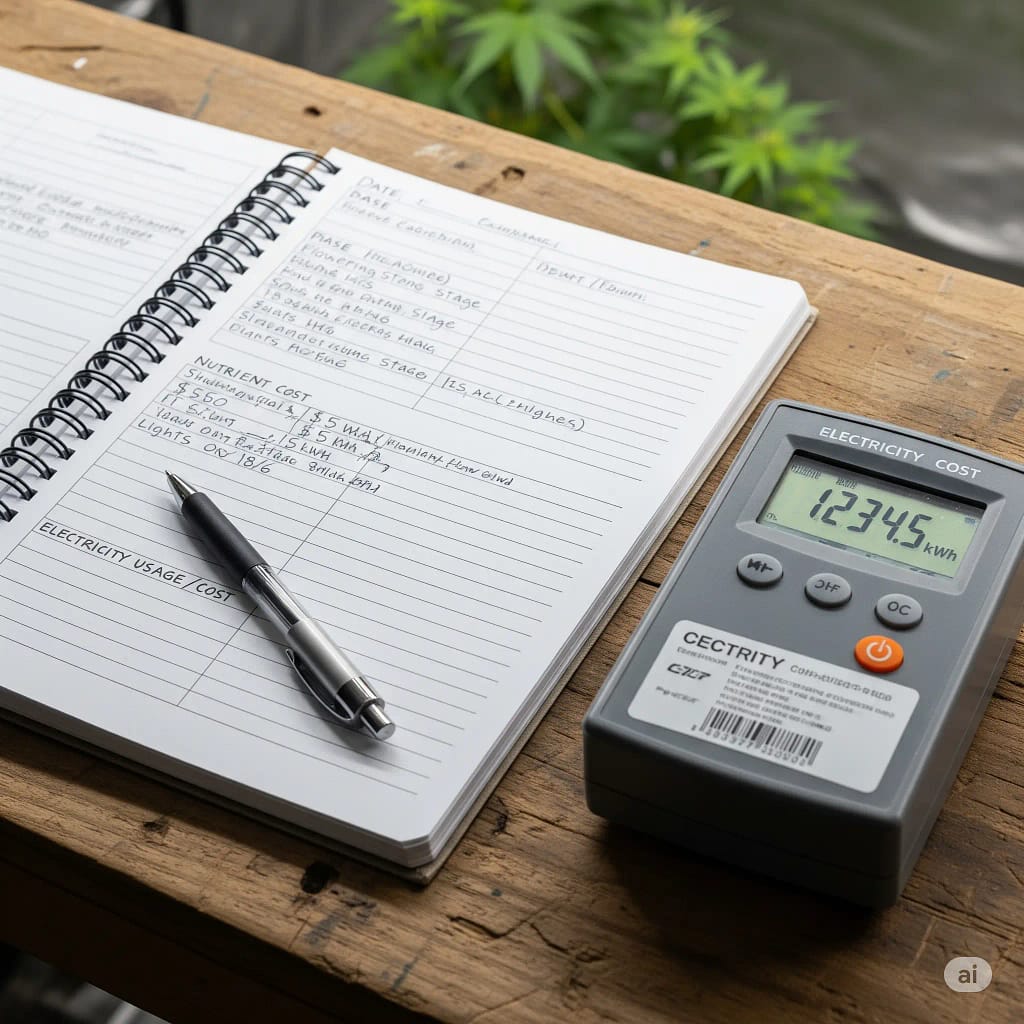 A a grow journal with notes on electricity and nutrient costs, next to an electricity meter.