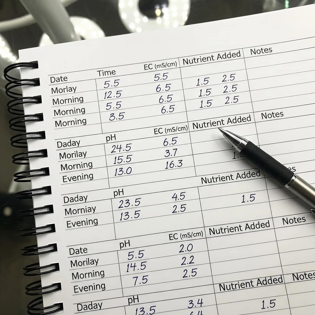 A close-up of a notebook or a log sheet showing daily pH and EC entries for a hydroponic system.