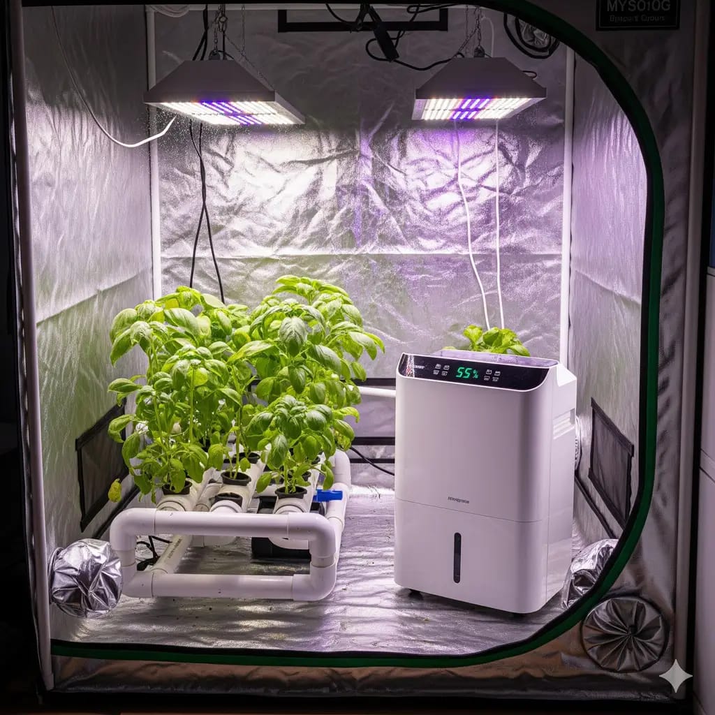 A photo of a dehumidifier placed inside a hydroponic grow tent to prevent mold and mildew from high humidity.