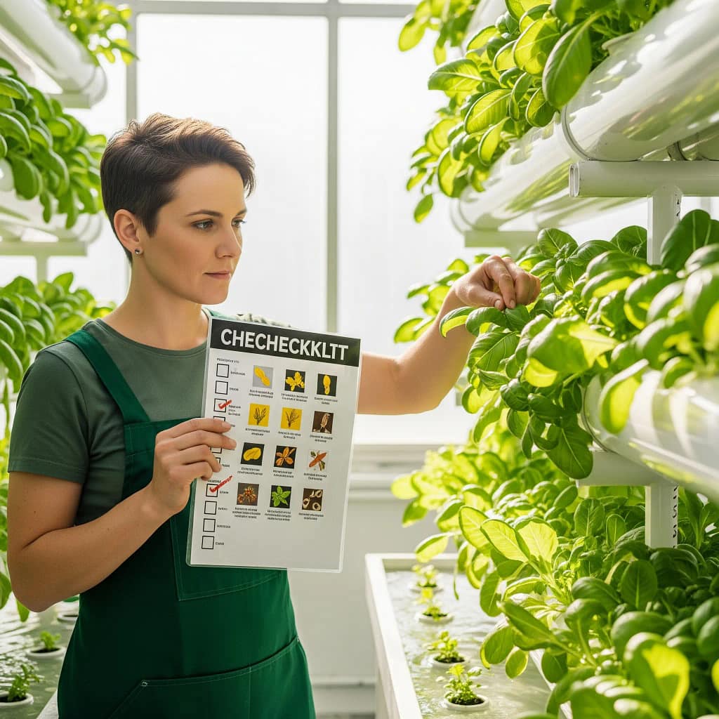 A grower using a laminated checklist to visually inspect a hydroponic system and diagnose plant health.