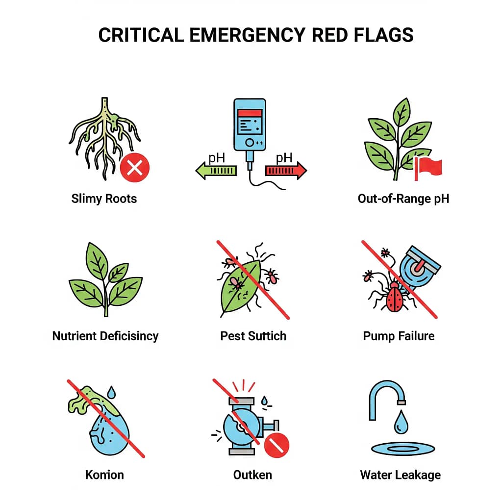 An icon-based visual guide showing the key emergency red flags for a hydroponic system, such as slimy roots and out-of-range pH.