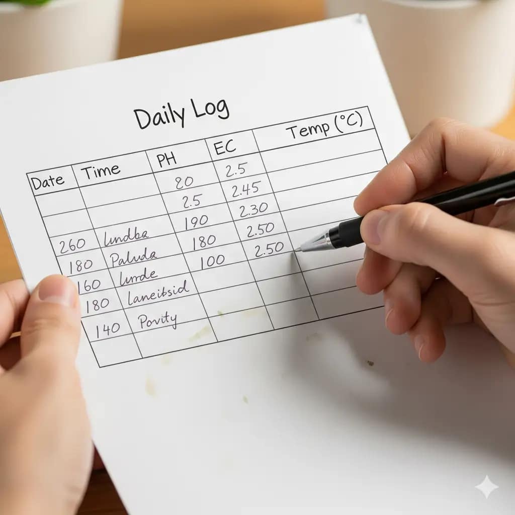 A person holding a pen and a simple, hand-written daily log sheet, tracking pH, EC, and temperature data for a hydroponic garden.