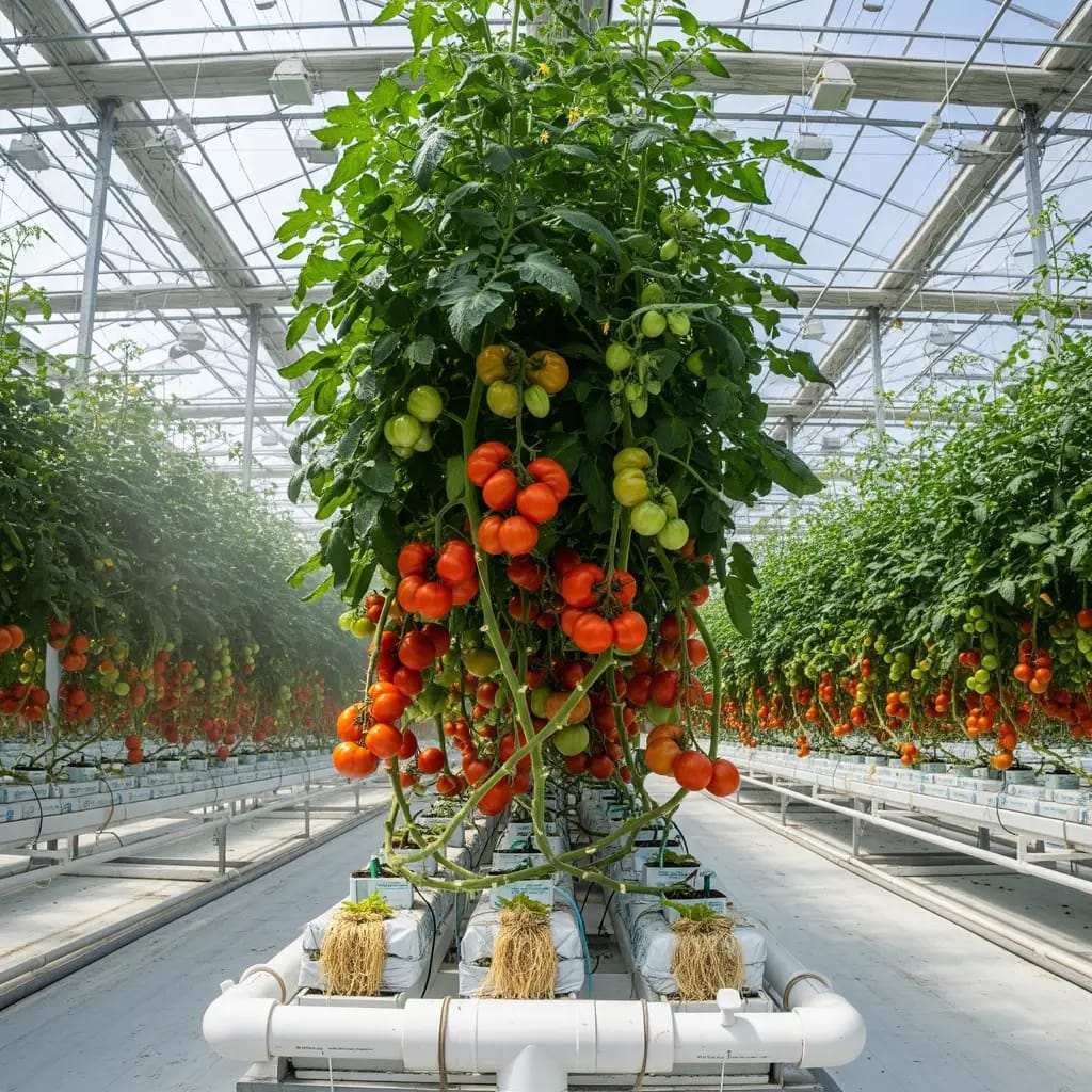 A large, ripe heirloom tomato growing in a hydroponic system for a bountiful tomato harvest.