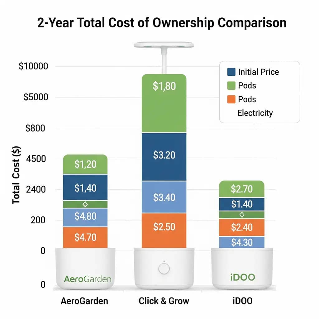 A chart comparing the 2-year total cost of ownership for AeroGarden, Click & Grow, and iDOO, including initial price, pods, and electricity.