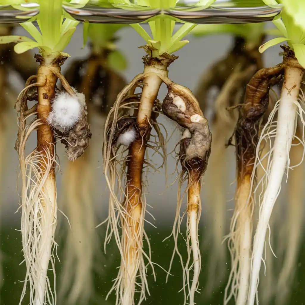 Close-up of hydroponic lettuce roots with signs of Pythium infection | Diagnosing root diseases in a commercial hydroponic farm.