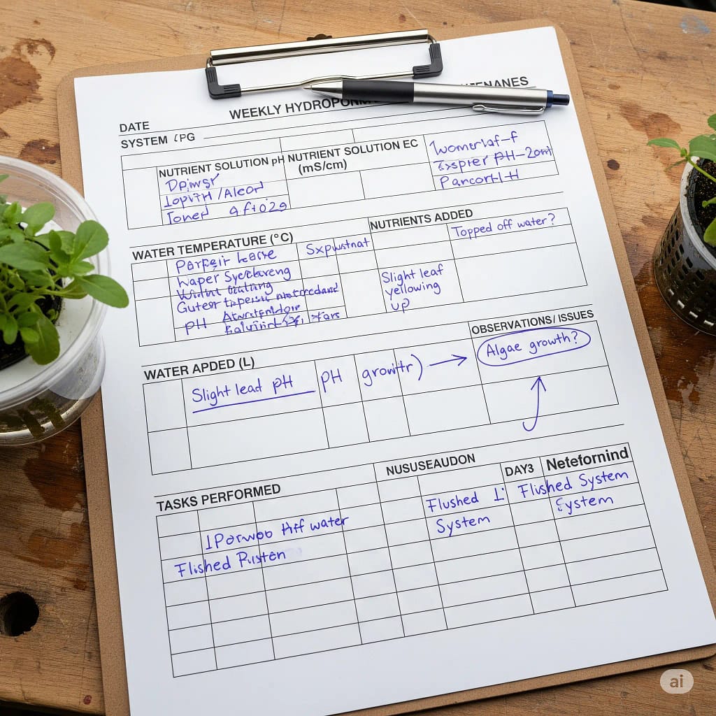 A photo of a printed weekly hydroponic maintenance log sheet used for troubleshooting and tracking data.