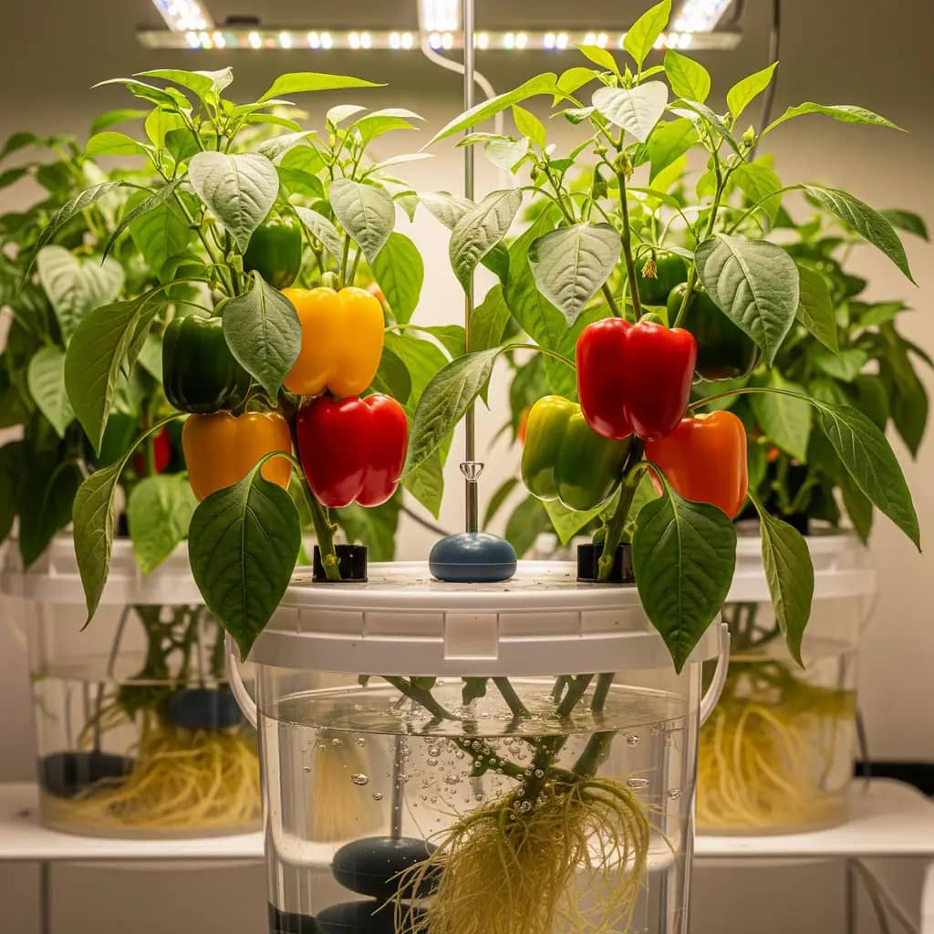 Bell pepper plants thriving in a DWC system for hydroponic peppers.