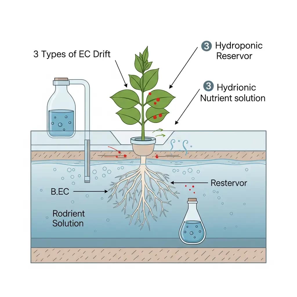  A diagram illustrating the three types of EC drift in a hydroponic reservoir, indicating whether plants are feasting, thirsty, or in perfect harmony.