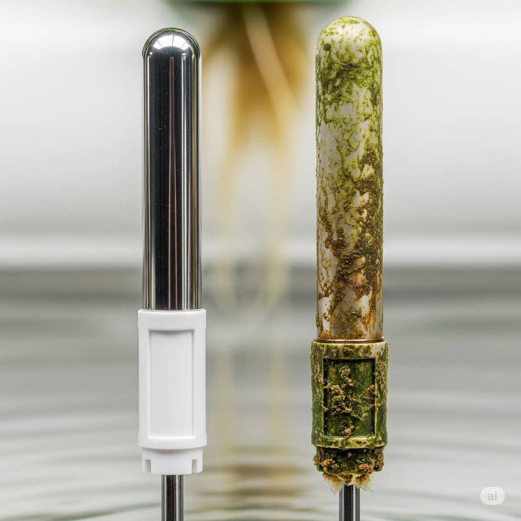 A side-by-side view of a brand new, clean hydroponic probe next to an old, stained probe to illustrate the need for replacement.