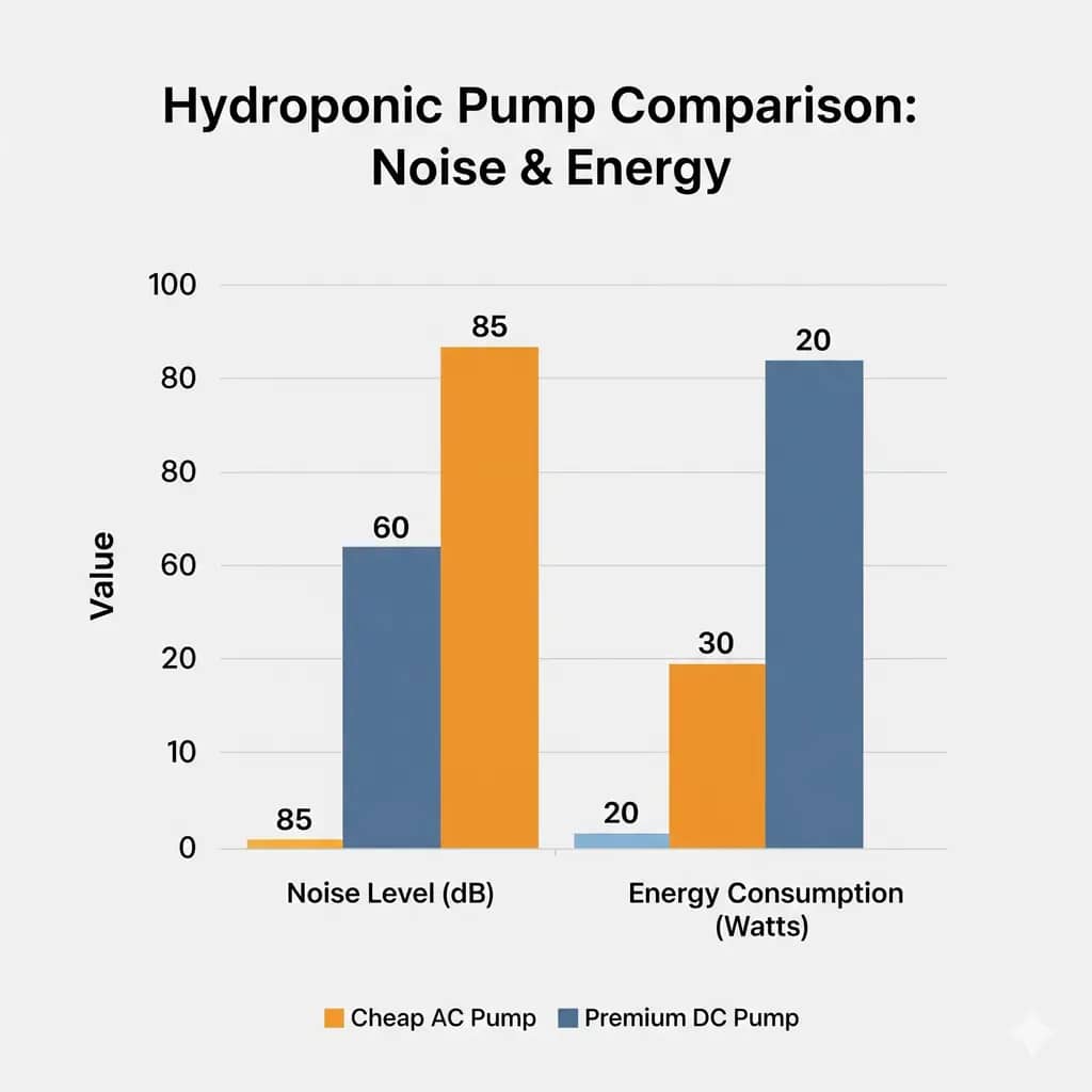 A bar chart comparing the noise levels and energy consumption of a cheap AC pump versus a premium DC hydroponic pump.