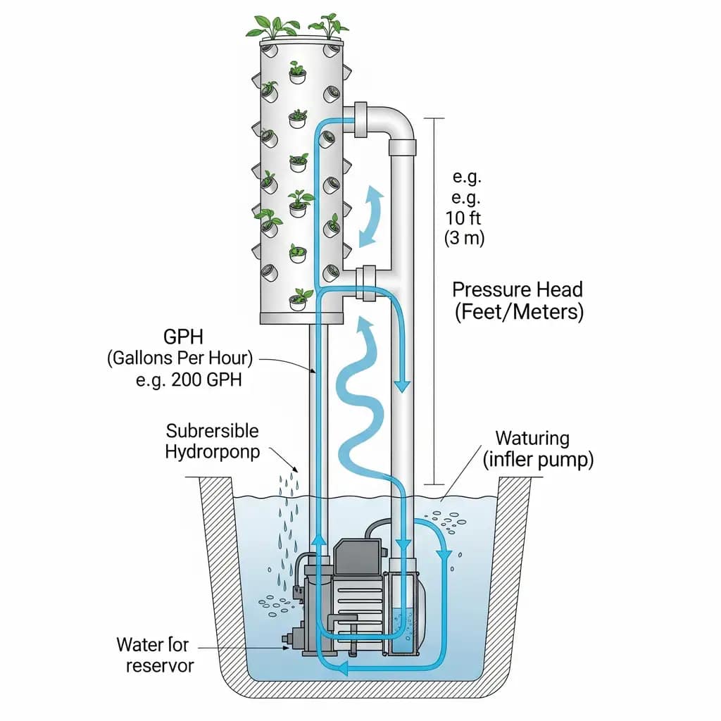 A diagram of a submersible pump showing water flow from a reservoir up through a vertical pipe, illustrating the concepts of GPH and pressure head for a DIY vertical hydroponics system.