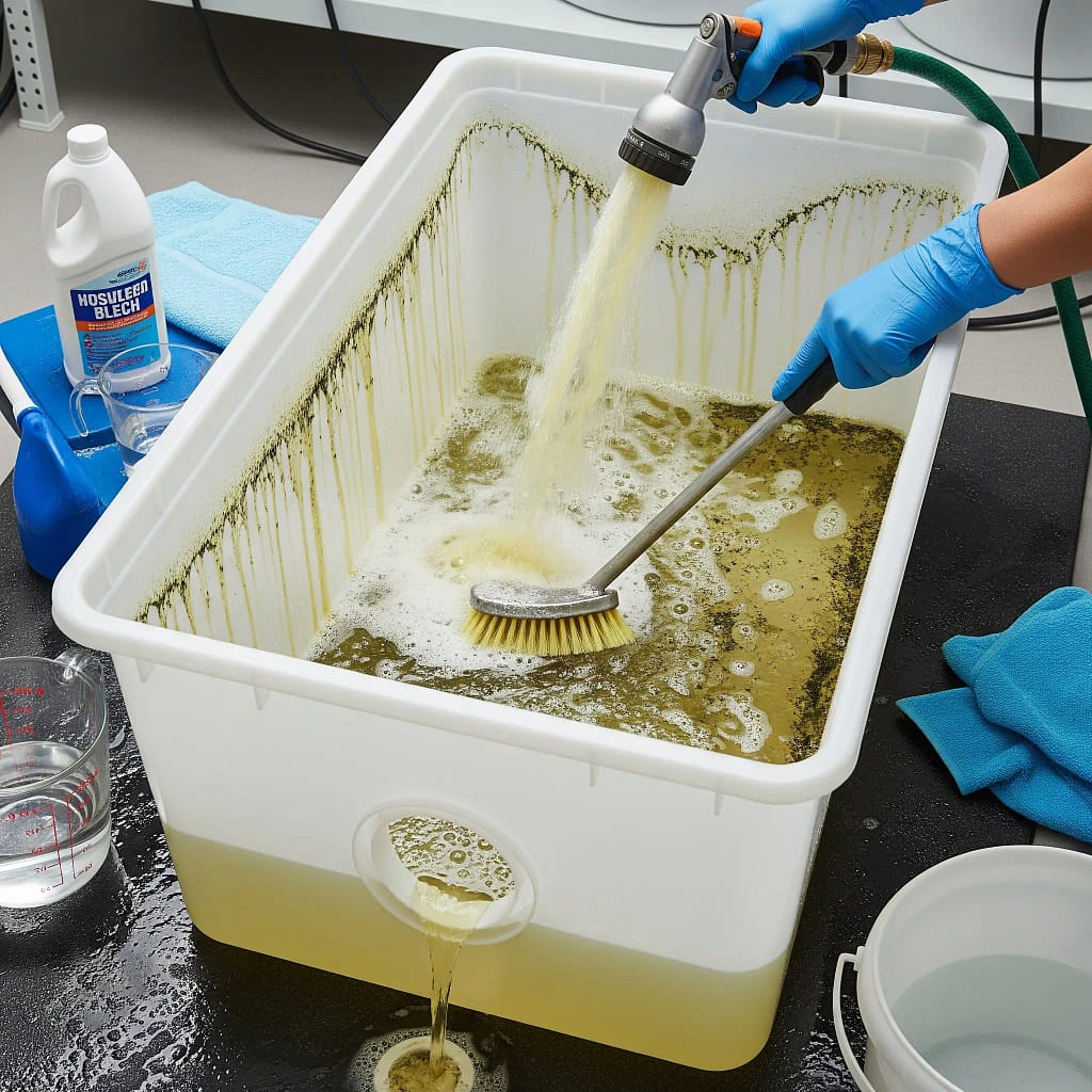 A visual of a hydroponic reservoir being drained and cleaned with a bleach solution as part of a deep clean protocol.