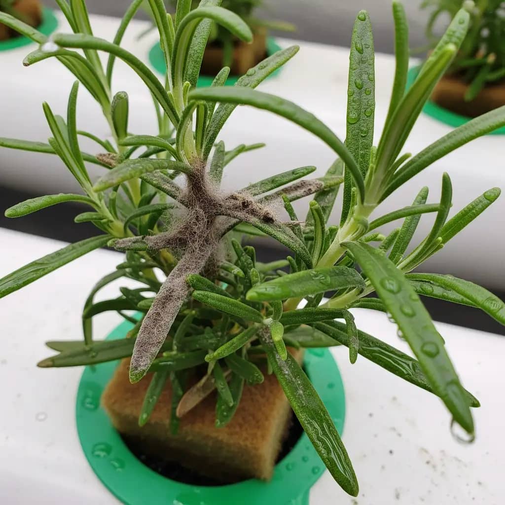 A hydroponic rosemary plant with its branches pruned to promote new growth and a bushy form.